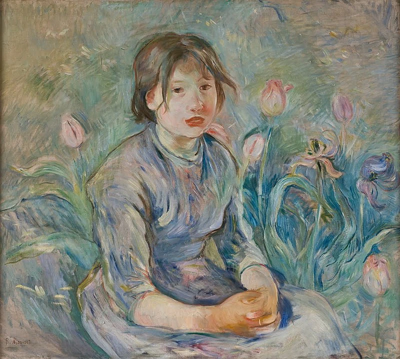 Paesaggio con ragazza tra i tulipani